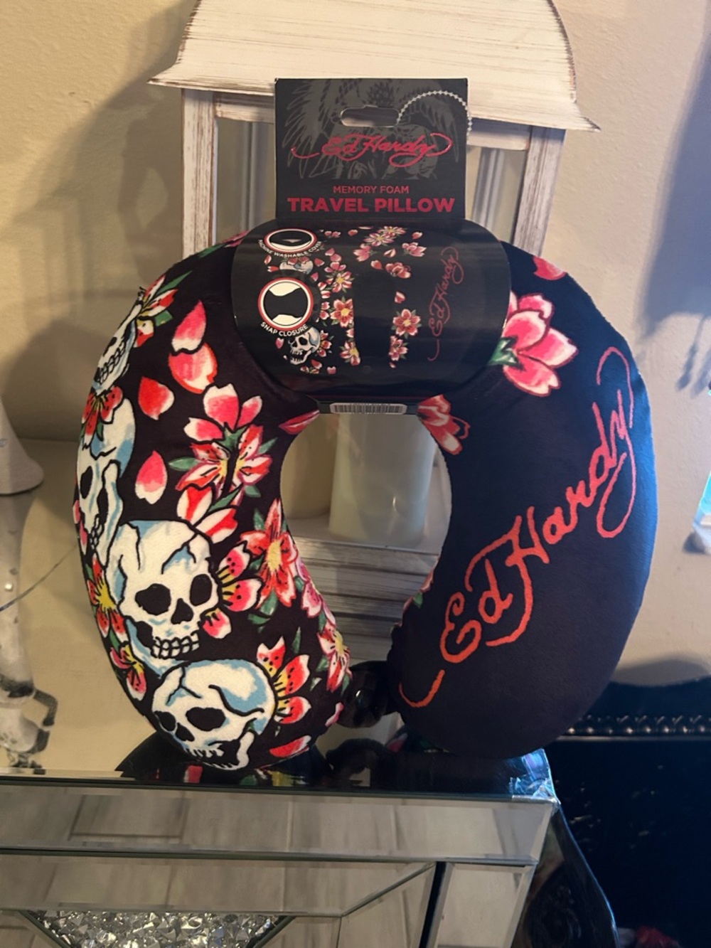 Ed Hardy Black Travel Neck Pillow with Pink Floral & White Skulls